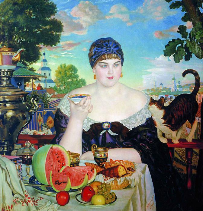 Esposa do comerciante Kustodiev tomando chá